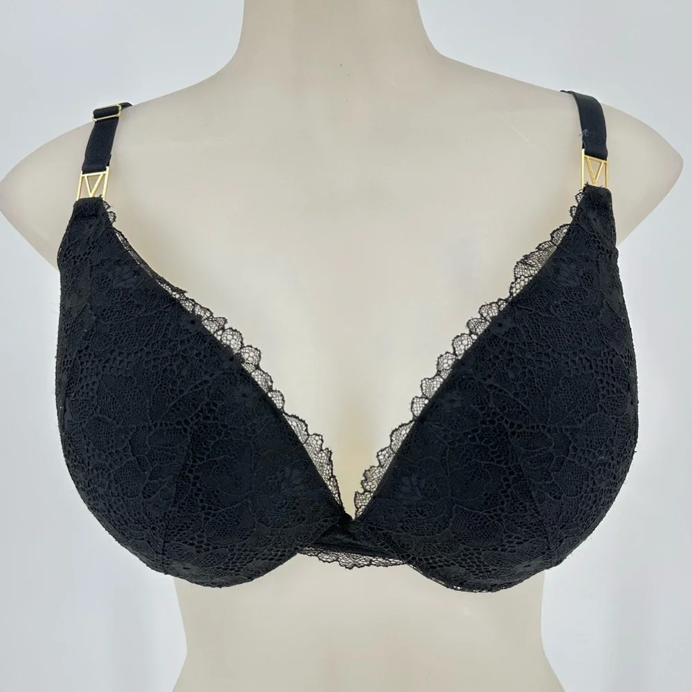 Victoria’s Secret Black Lace Gold Logo Very Sexy Uplift Plunge Sz 34DDD - Picture 1 of 12